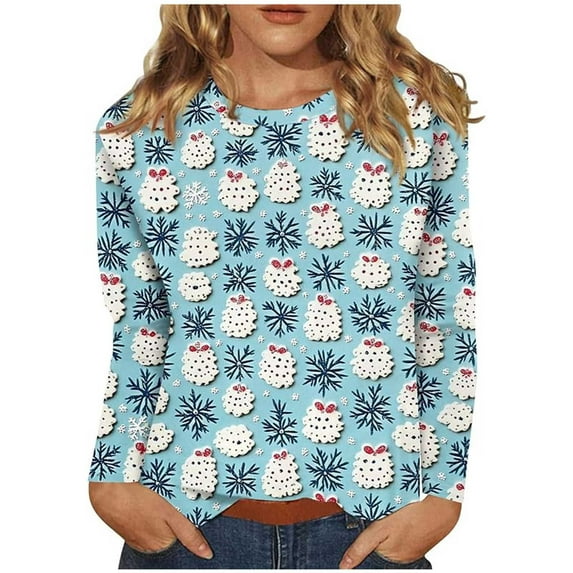 BLVB Christmas Shirt for Women Long Sleeve Crewneck Tshirt Graphic Fall Winter Blouse Tee Tops Fashion