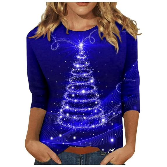 BLVB Christmas Shirts for Women 3/4 Length Sleeve Tunic Tops Trendy Cute Graphic Tees Loose Blouses Gifts for Ladies