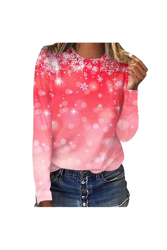 Christmas Shirts for Women Long Sleeve Crewneck Snowflake Graphic Tee Tops Vacation T Shirts Blouse Christmas Gifts