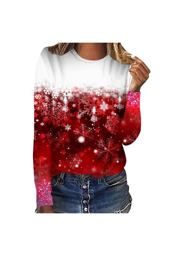 Christmas Shirts for Women Long Sleeve Crewneck Snowflake Graphic Tee Tops Vacation T Shirts Blouse Christmas Gifts