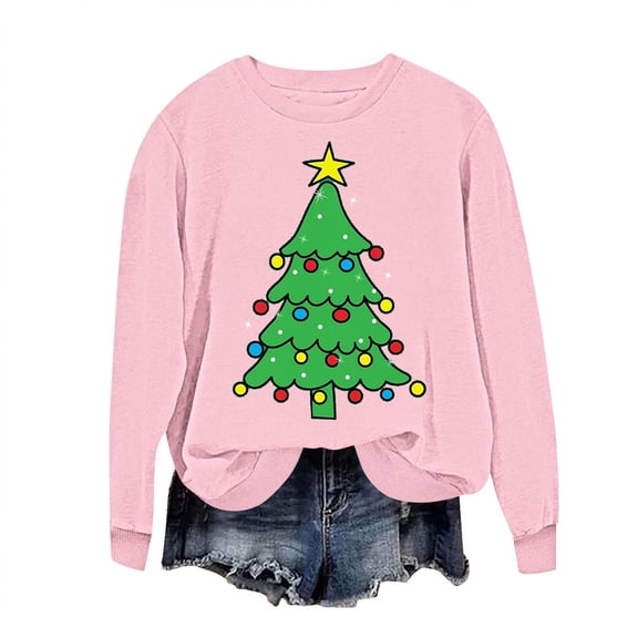 BLVB Christmas Sweatshirts for Women Christmas Tree Sweatshirt Long Sleeve Printed Crewneck Pullover Holiday Tops