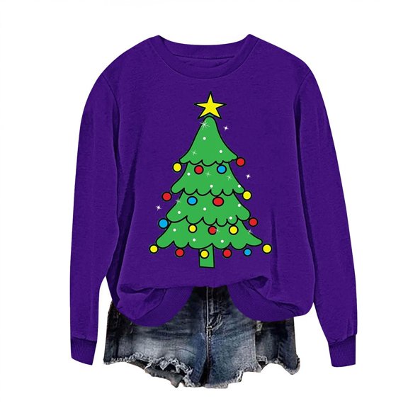 BLVB Christmas Sweatshirts for Women Christmas Tree Sweatshirt Long Sleeve Printed Crewneck Pullover Holiday Tops