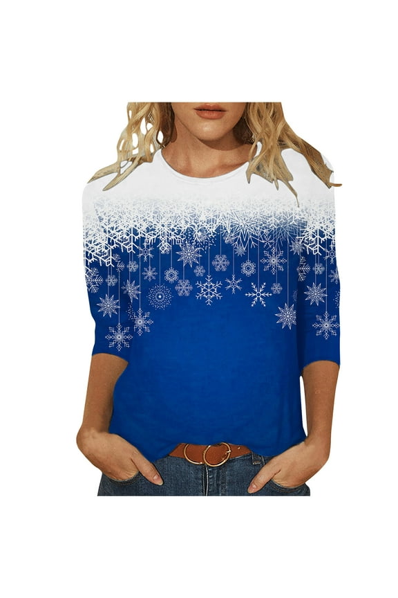 Christmas Womens Fall 3/4 Sleeve Crewneck T Shirts Casual Christmas Tops Snowflake Print Tunic Tees Blouses