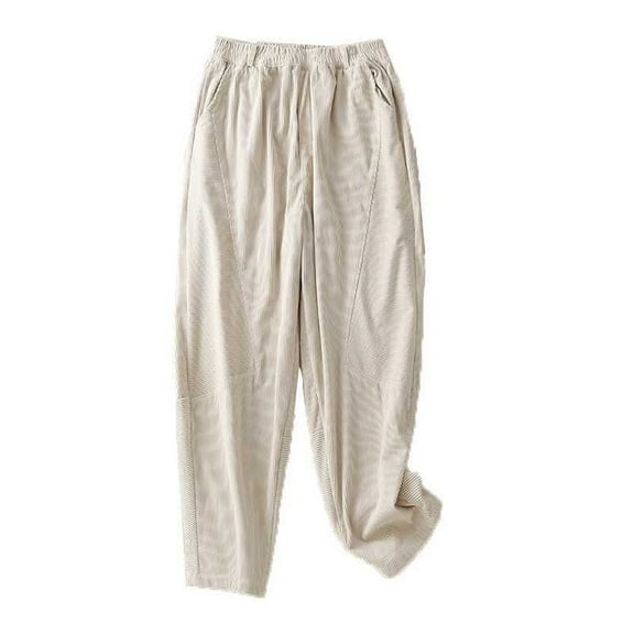 BLVB Corduroy Pants for Women Elastic Waist Wide Leg Cropped Trouser Casual Loose Spring Fall Pants with Pockets
