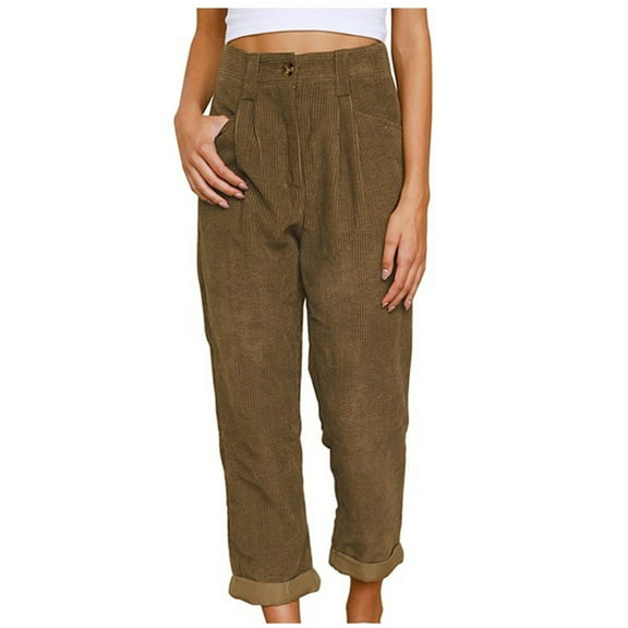 BLVB Corduroy Pants for Women High Waist Loose Fit Comfy Straight Leg Pants Solid Casual Work Trousers with Pockets