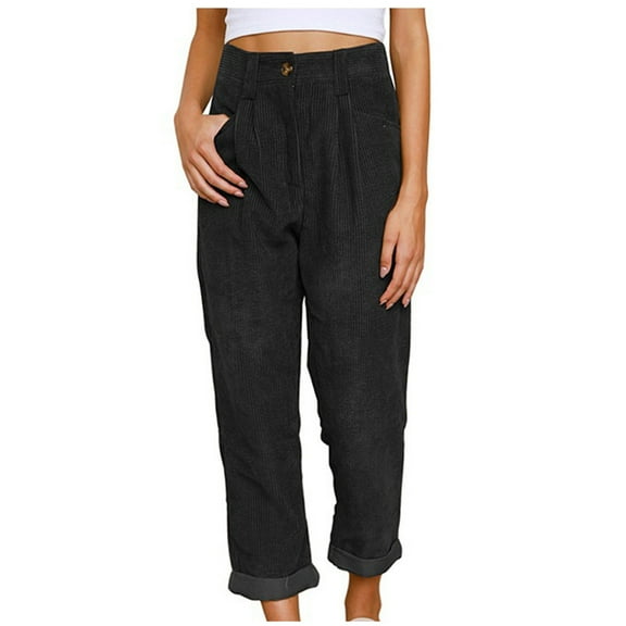 BLVB Corduroy Pants for Women High Waist Loose Fit Comfy Straight Leg Pants Solid Casual Work Trousers with Pockets