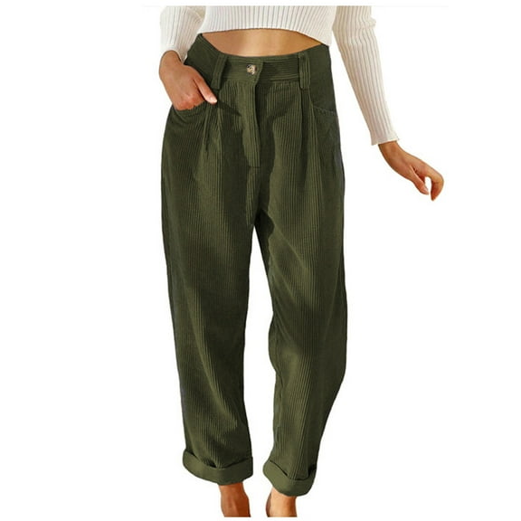 BLVB Corduroy Pants for Women High Waist Loose Fit Comfy Straight Leg Pants Solid Casual Work Trousers with Pockets