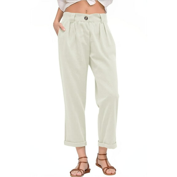 BLVB Corduroy Pants for Women High Wasited Pull on Straight Leg Slacks Stretchy Casual Work Pants Fall Winter Trousers
