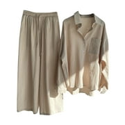 BLVB Cotton Linen 2 Pieces Outfits for Women Long Sleeve Button down Shirts Wide Leg Pants Sets Loungewear Tracksuit