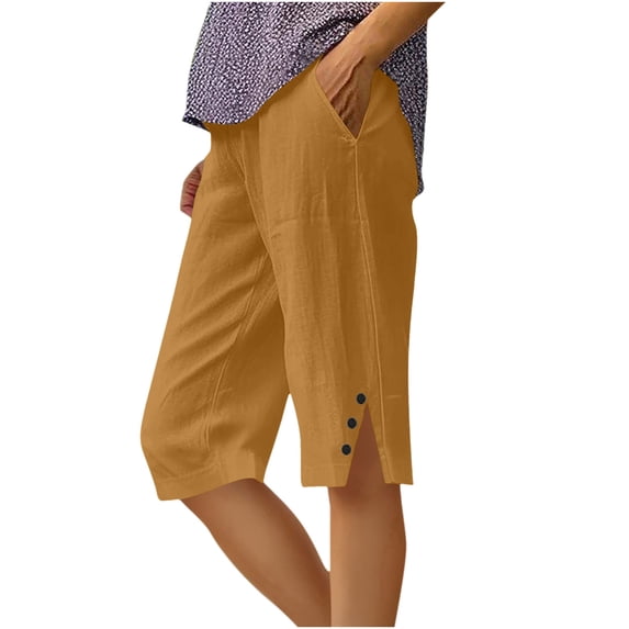 BLVB Cotton Linen Bermuda Shorts for Women Knee Length Summer Casual Elastic Waisted Side Split Button Beach Shorts with Pockets