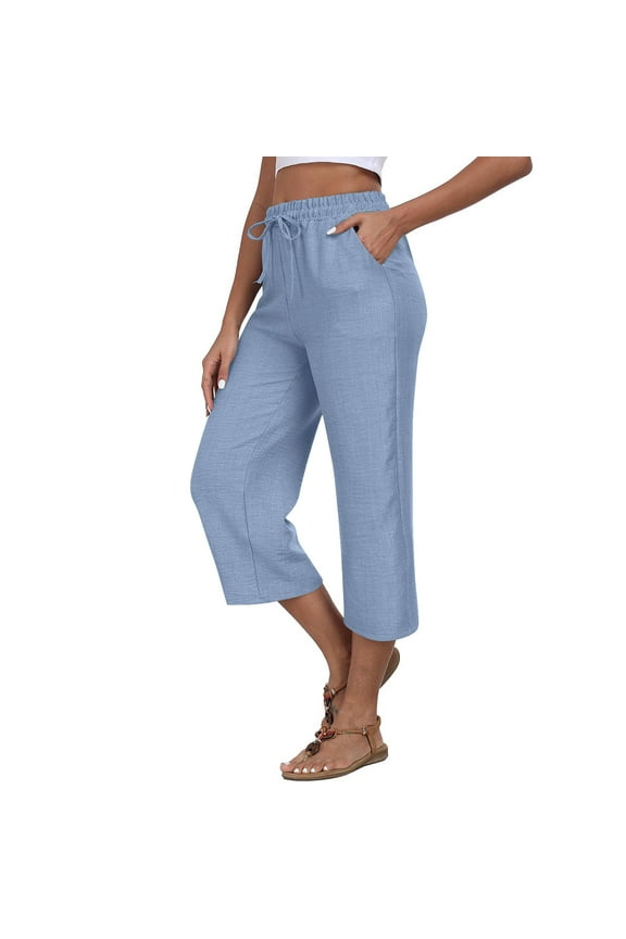 Cotton Linen Capri Pants for Women Wide Leg Cropped Lounge Trousers Drawstring Elastic Waist Summer Beach Capris Outfits