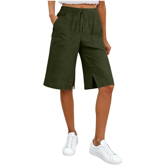 BLVB Cotton Linen Capri Pants for Women Bermuda Shorts Knee Length Drawstring Side Slit Cropped Pants Summer Beach Vacation Long Shorts
