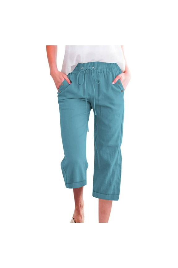 Cotton Linen Capri Pants for Women Casual Summer Capris Drawstring High Waist Pants Wide Leg Cropped Trousers with Pockets