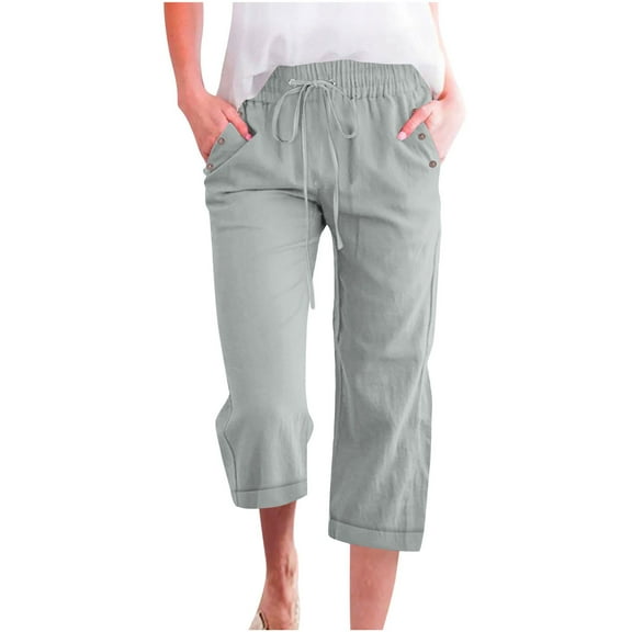 BLVB Cotton Linen Capri Pants for Women Casual Summer Capris Drawstring High Waist Pants Wide Leg Cropped Trousers with Pockets