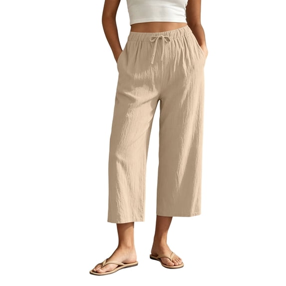 BLVB Cotton Linen Capri Pants for Women Casual Summer Drawstring Elastic High Waist Capris Wide Leg Cropped Trousers with Pockets