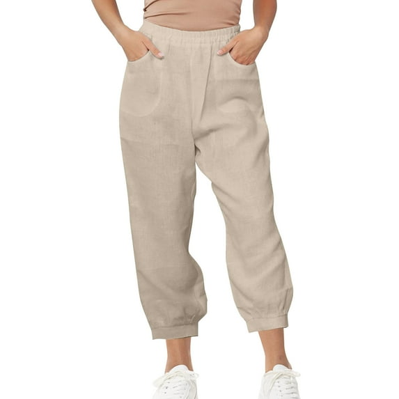 BLVB Cotton Linen Capri for Women Elastic High Waisted Loose Lantern Tapered Harem Pants with Pockets Summer Baggy Trousers