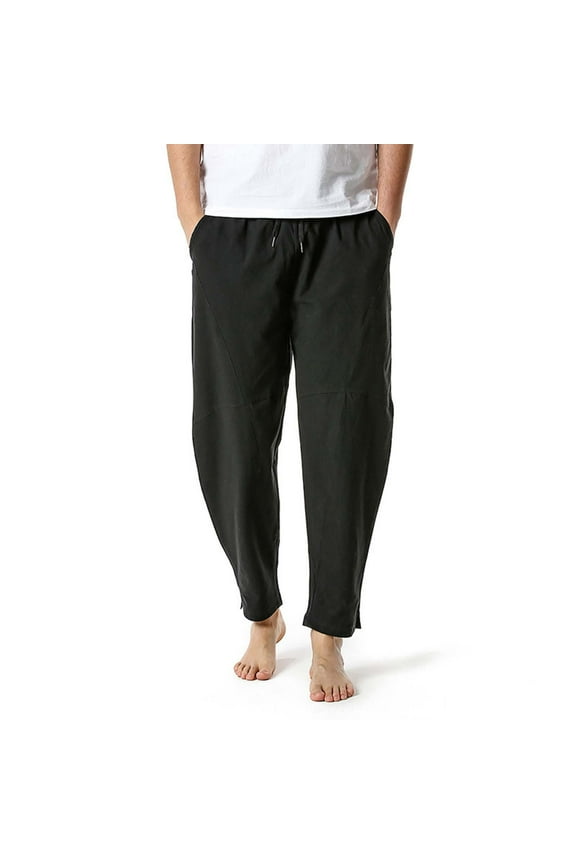 Cotton Linen Pants for Men Drawstring Elastic Waist Straight Leg Pants Casual Loose Lounge Trouser with Pockets