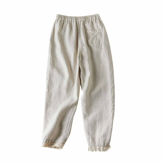 BLVB Cotton Linen Pants for Women Elastic High Waist Lace Splicing Pants Casual Loose Solid Color Lounge Trousers