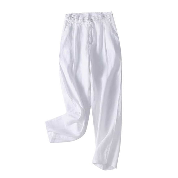 BLVB Cotton Linen Pants for Women Elastic High Waist Straight Leg Pants Casual Loose Lounge Trouser with Pockets