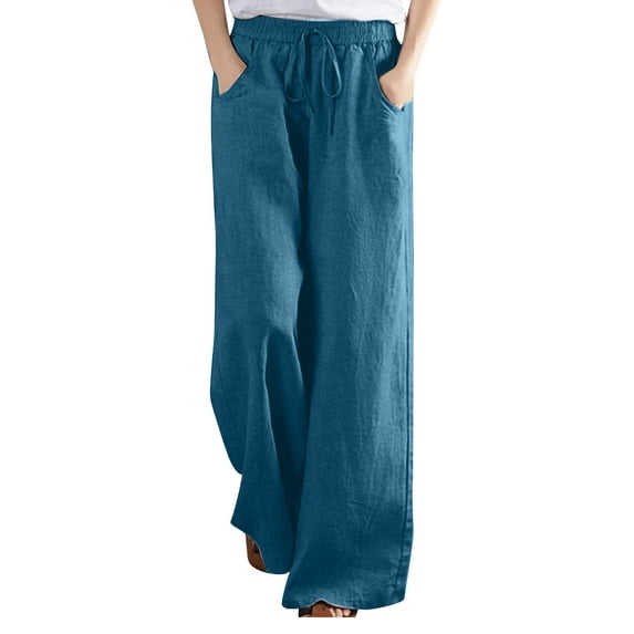 BLVB Cotton Linen Pants for Women Elastic Waist Drawstring Wide Leg Pants Casual Plus Size Lounge Trousers with Pockets