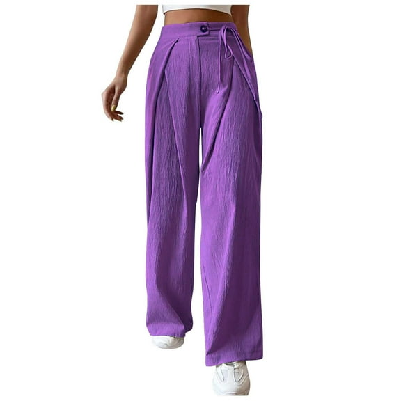 BLVB Cotton Linen Pants for Women High Waisted Lace up Straight Wide Leg Pants Solid Casual Loose Lounge Trousers