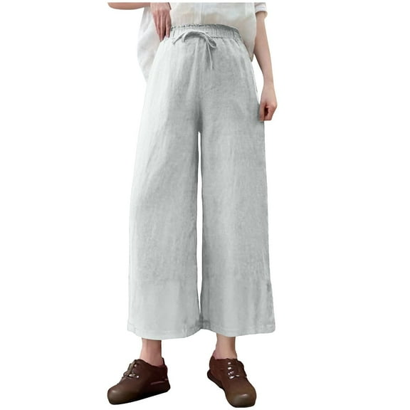 BLVB Cotton Linen Pants for Women Loose Wide Leg Lounge Pants Elastic High Waist Baggy Casual Trousers