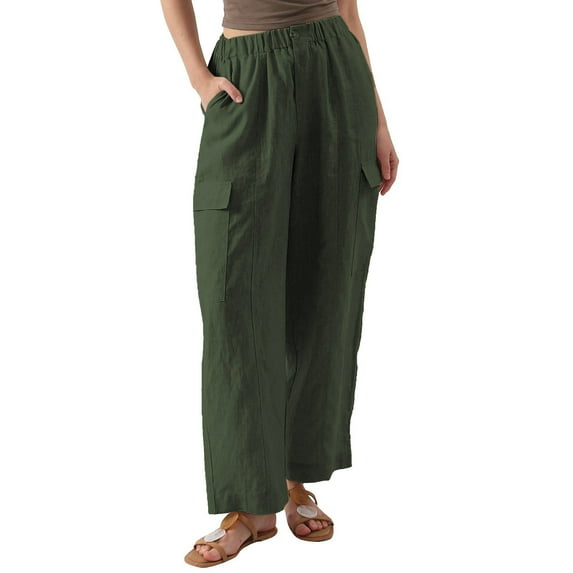 BLVB Cotton Linen Pants for Women Solid Color Elastic Waist Wide Leg Pants Casual Baggy Lounge Trousers with Pockets