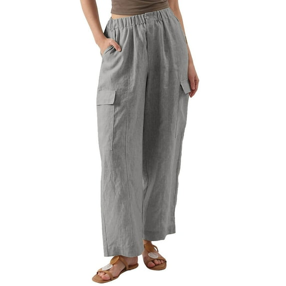 BLVB Cotton Linen Pants for Women Solid Color Elastic Waist Wide Leg Pants Casual Baggy Lounge Trousers with Pockets