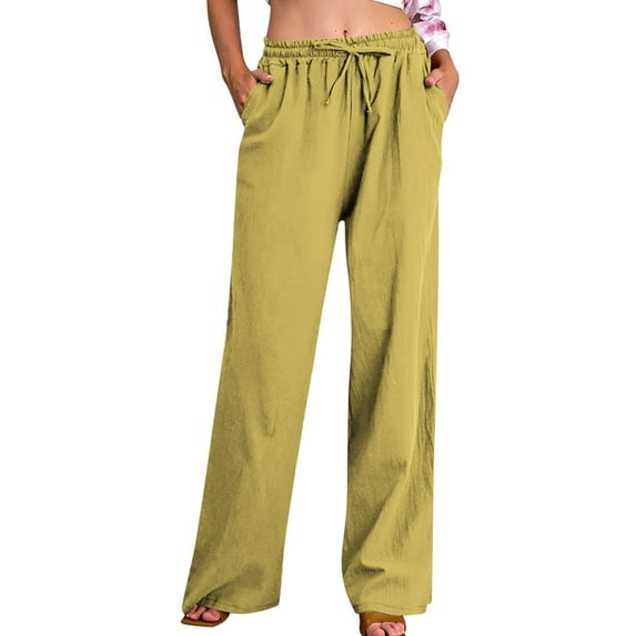BLVB Cotton Linen Pants for Women Summer Drawstring Pockets Wide Leg Loose Casual Palazzo Pants Beach Vacation Trousers