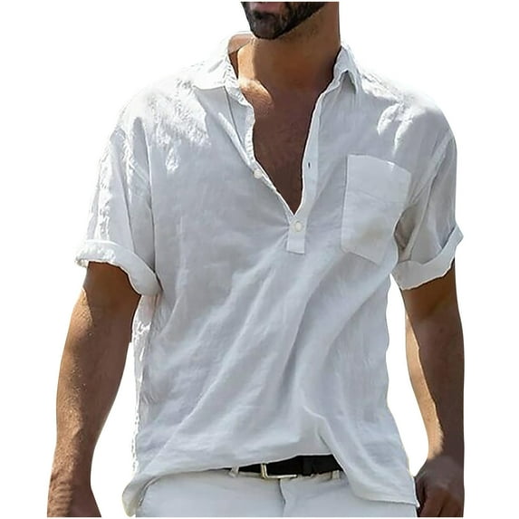 BLVB Cotton Linen Shirts for Men Button up Short Sleeve Tops Casual Loose Summer Beach Blouse Tees
