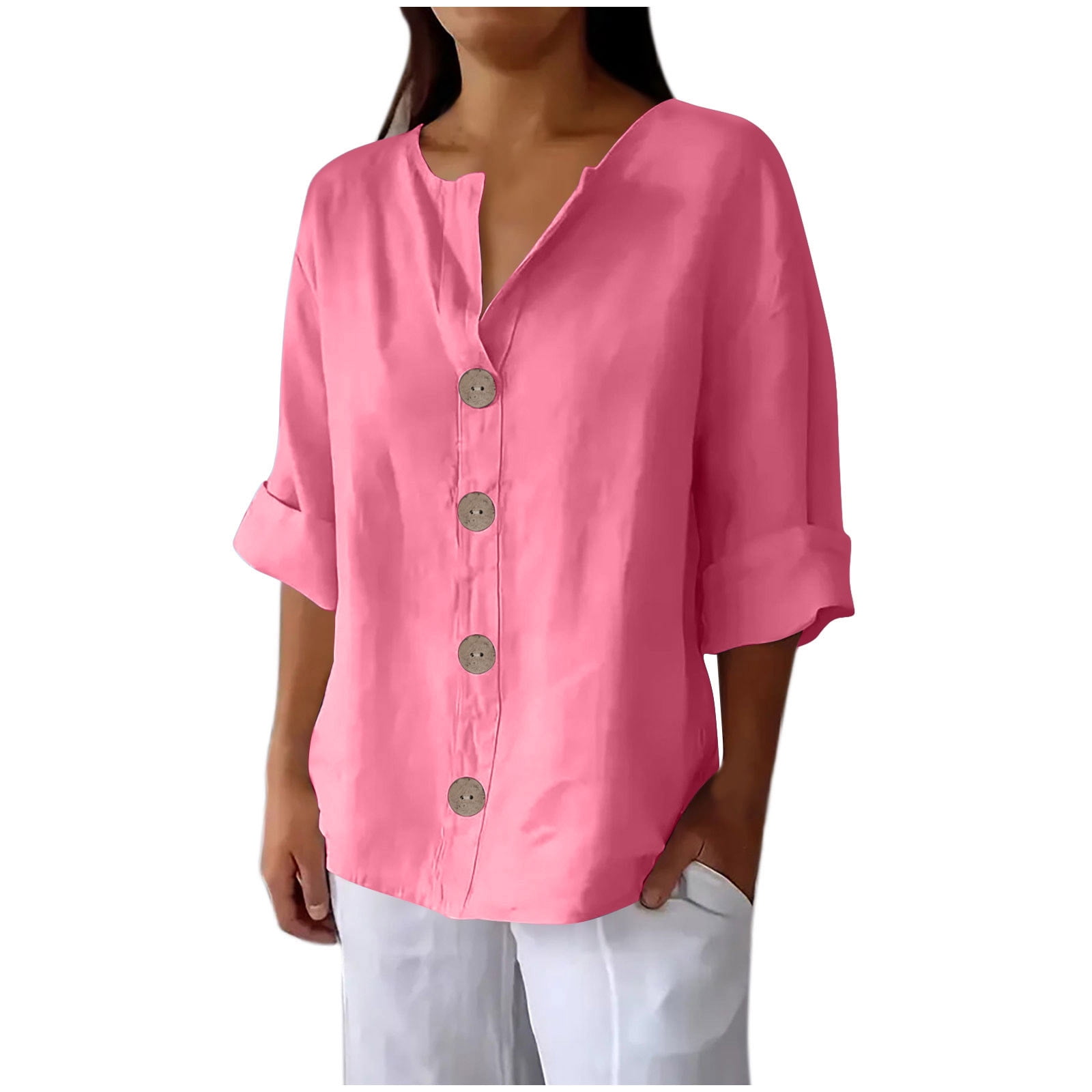 BLVB Cotton Linen Shirts for Women Boho Button down 3/4 Sleeve Blouses ...