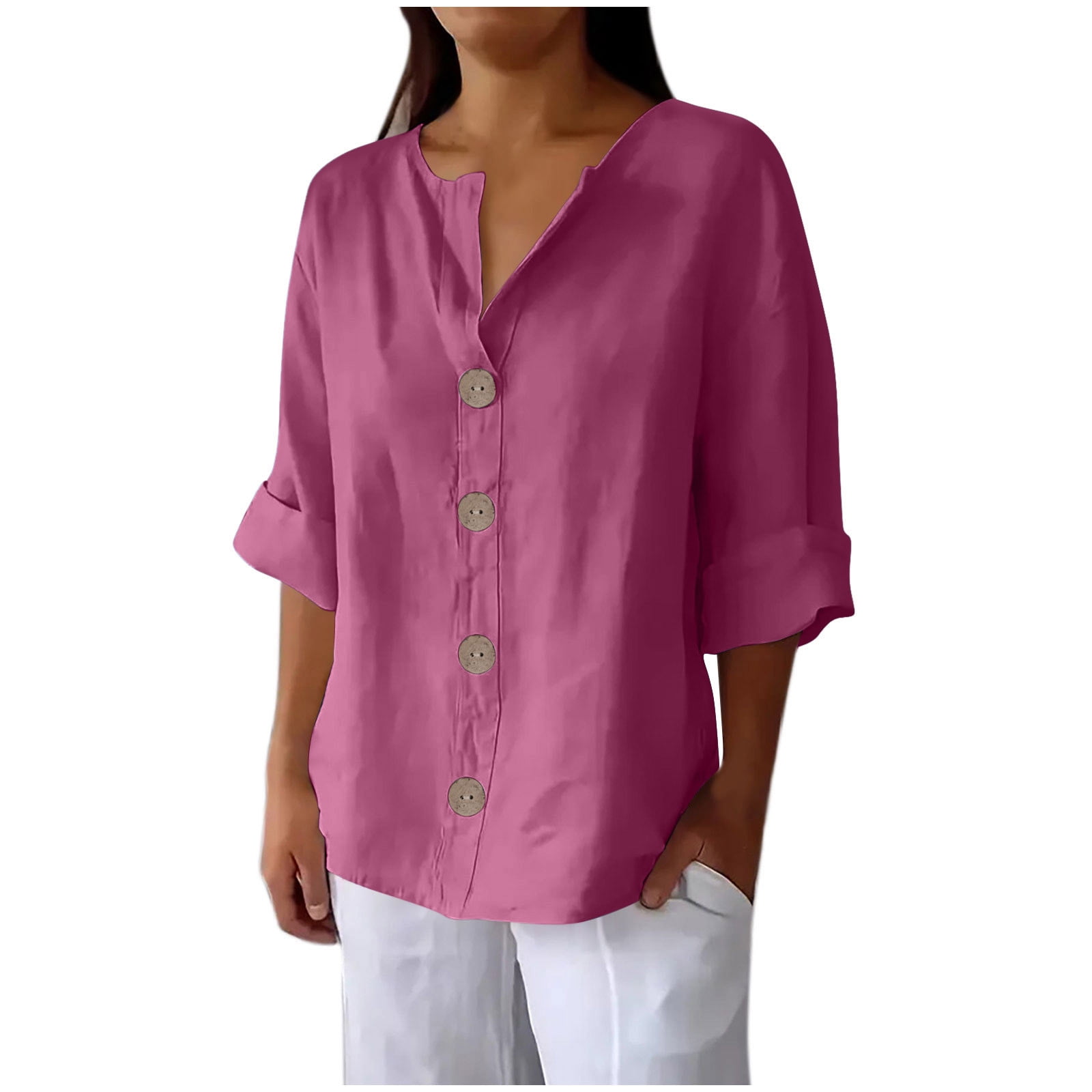 BLVB Cotton Linen Shirts for Women Boho Button down 3/4 Sleeve Blouses ...