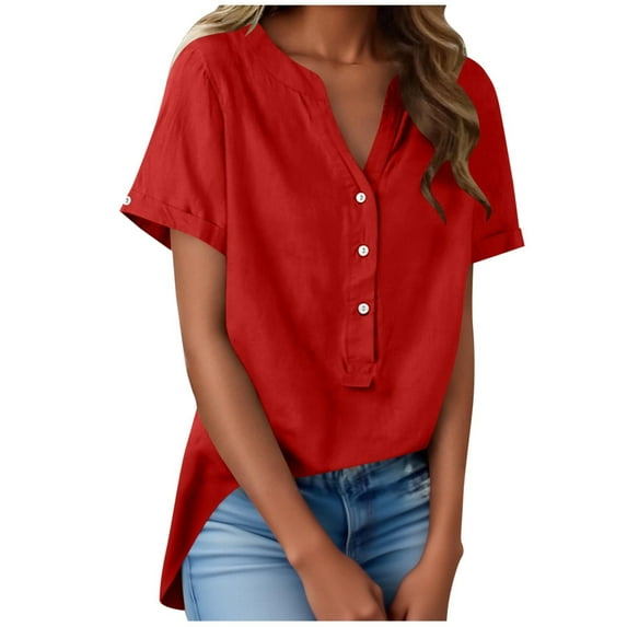 BLVB Cotton Linen Shirts for Women V Neck Button down Blouse Short Sleeve Office Work Tops Loose Vacation Tees Blouse Tops