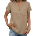 thumbnail image 1 of BLVB Cotton Linen Shirts for Women V Neck Button down Blouse Short Sleeve Office Work Tops Vintage Vacation Tees Tunic Tops, 1 of 7