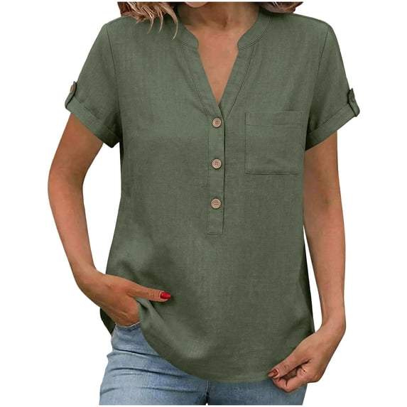 BLVB Cotton Linen Shirts for Women V Neck Button down Blouse Short Sleeve Office Work Tops Vintage Vacation Tees Tunic Tops