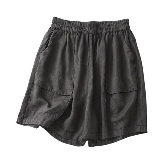 BLVB Cotton Linen Shorts for Women Elastic High Waisted Casual Loose Lightweight Summer Wide Leg Shorts with Pockets