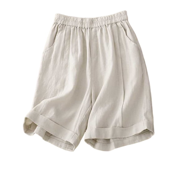 BLVB Cotton Linen Shorts for Women Elastic Waist Casual Baggy Lightweight Summer Beach Wide Leg Shorts