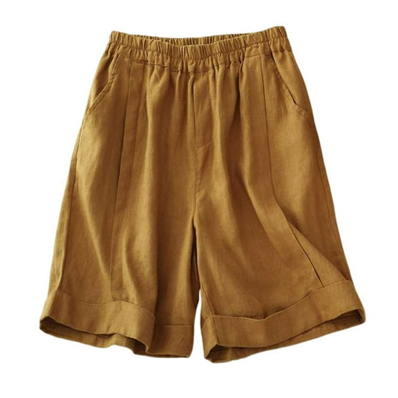 BLVB Cotton Linen Shorts for Women Elastic Waist Casual Baggy Lightweight Summer Beach Wide Leg Shorts