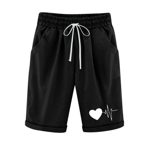 BLVB Cotton Linen Shorts for Women Elastic Waist Drawstring Print Knee-Length Summer Casual Plus Size Shorts with Pockets