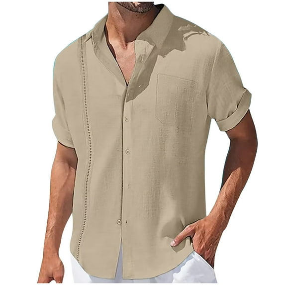 BLVB Cotton Linen Tops for Men Lapel Button down Short Sleeve Shirts Casual Summer Vacation Blouse Tee