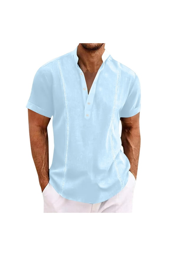 Cotton Linen Tops for Men Lapel Button up Short Sleeve Shirts Casual Lightweight Summer Vacation T-Shirts