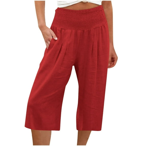 BLVB Cotton Linen Wide Leg Pants for Women Casual Elastic High Waist Smocked Palazzo Lounge Capri Pants Trendy Clothes