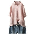 thumbnail image 1 of BLVB Cotton Linen Womens 3/4 Sleeve Shirts V Neck Collared Button down Blouse Tops for Summer Fall, 1 of 1