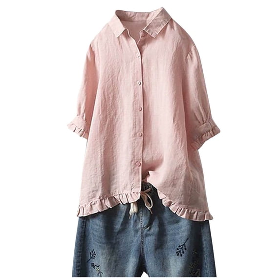 BLVB Cotton Linen Womens 3/4 Sleeve Shirts V Neck Collared Button down Blouse Tops for Summer Fall