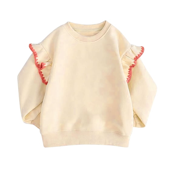 BLVB Crewneck Sweatshirts for Little Girls Cute Ruffle Pullover Long Sleeve Casual Spring Fall Tops for Kids(Beige,3-4 Years)