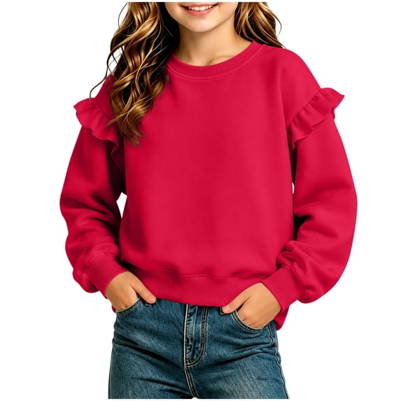 BLVB Crewneck Sweatshirts for Little Girls Cute Ruffle Pullover Long Sleeve Casual Spring Fall Tops for Kids(Red-01,7-8 Years)