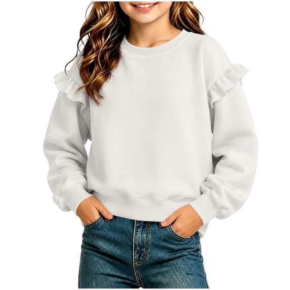 BLVB Crewneck Sweatshirts for Little Girls Cute Ruffle Pullover Long Sleeve Casual Spring Fall Tops for Kids(White-01,11-12 Years)