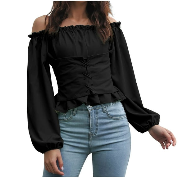 BLVB Crop Tops for Women Lantern Long Sleeve Off the Shoulder Strapless T Shirts Lace up Ruffle Fashion Blouses