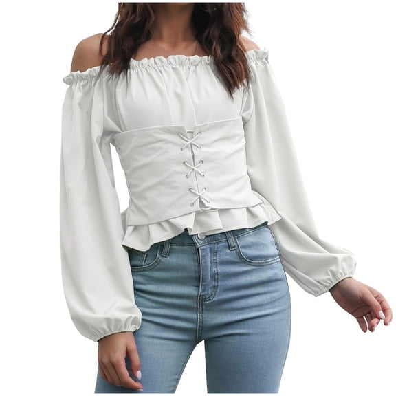 BLVB Crop Tops for Women Lantern Long Sleeve Off the Shoulder Strapless T Shirts Lace up Ruffle Fashion Blouses