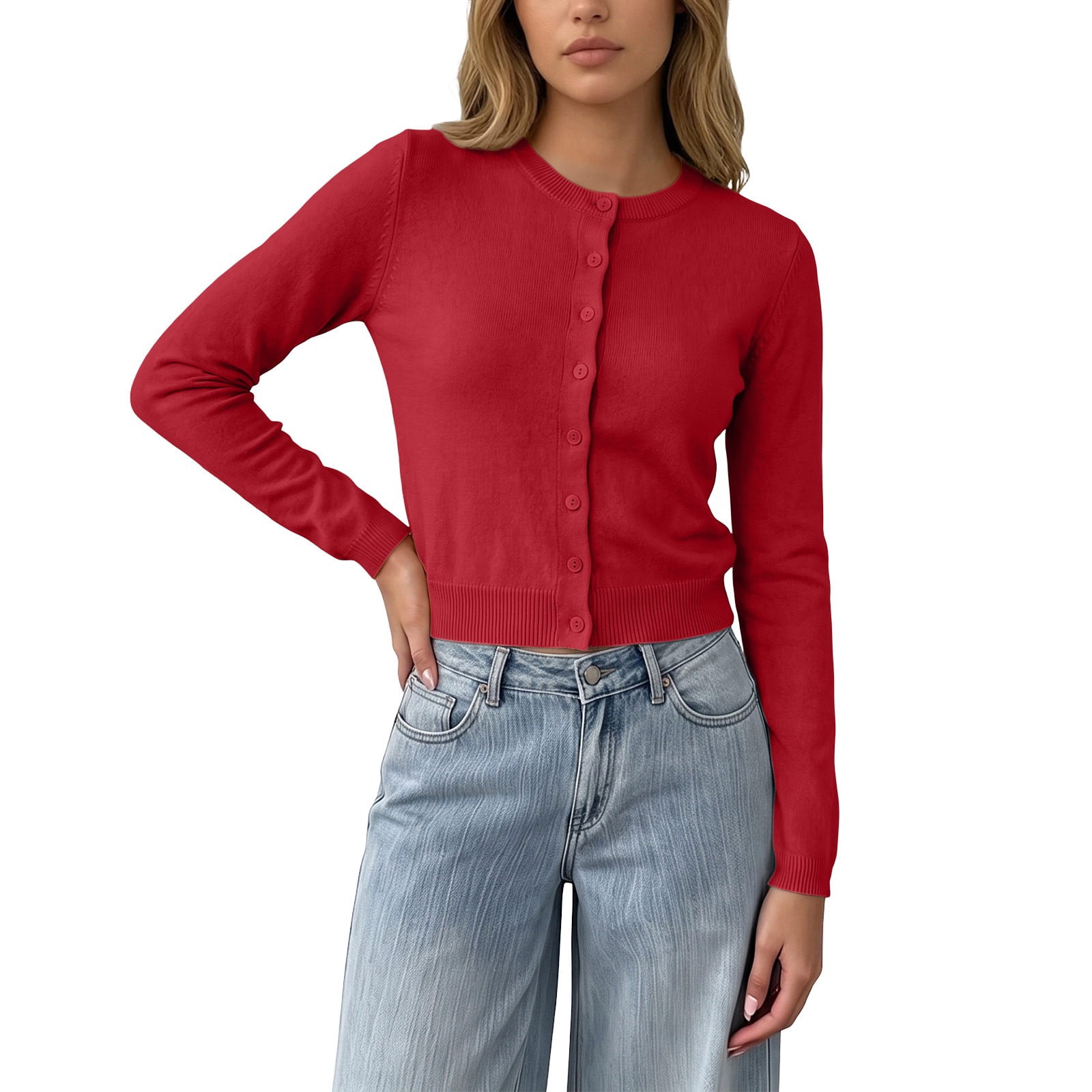 Red Foshon BLVB Cropped Lightweight Cardigan Sweaters Women Crew Neck Button down ...